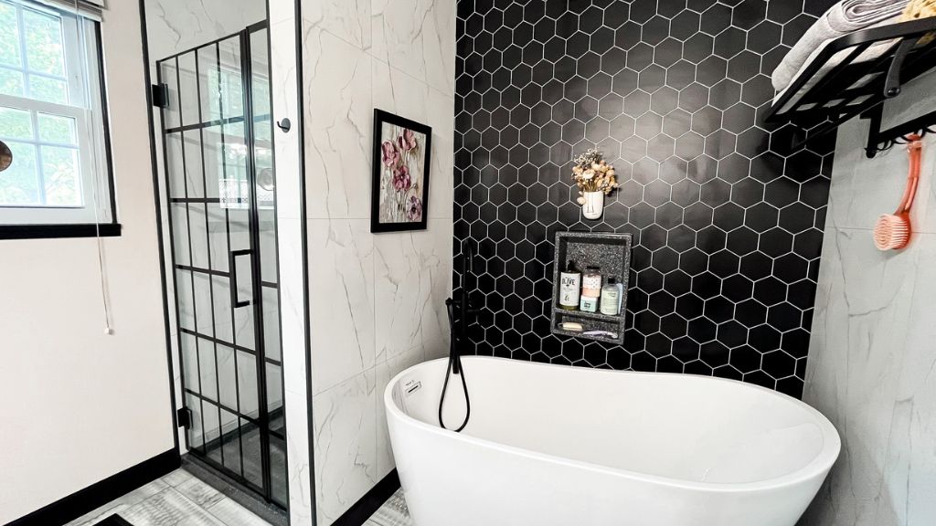 A fibo wall panel installed as a feature wall in a bathroom