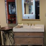 A bathroom vanity with a mirror and sink, perfect for a bathroom remodel.