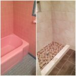 Before and after pictures of a pink tiled bathroom remodel.