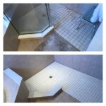 Before and after pictures of a tiled shower in a bathroom.