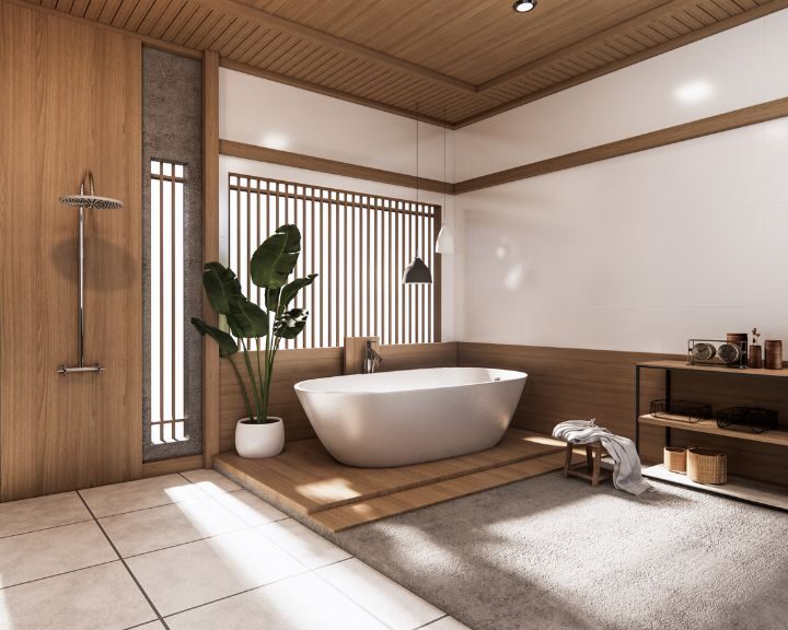 A Japanese style bathroom with a tub and sink, featuring exquisite tiling.