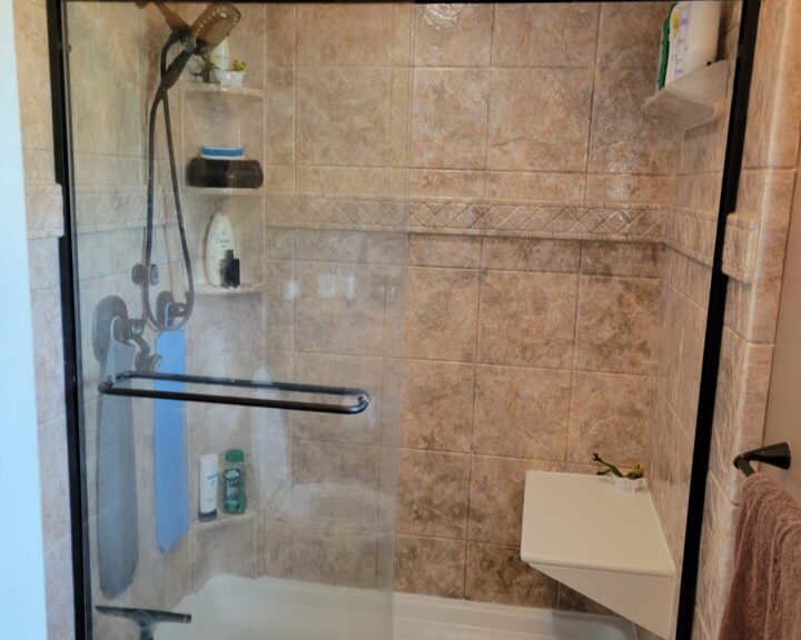 A bathroom with a shower.